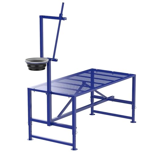 600 Lbs Goat Milking Stand with Feed Bin, Heavy Duty Goat Stand for Milking, Hoof Trimming & Grooming, Adjustable Goat Stanchion for Sheep and Goats, Iron Blue - color: Blue, size: L-47*23 Inch