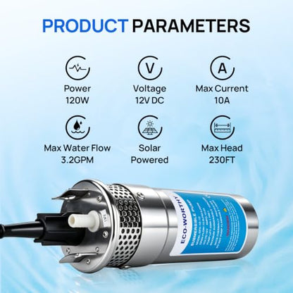 ECO-WORTHY 200W Solar Well Pump Kit, 12V Stainless Steel Deep Well Solar Pump, 2pcs Solar Panels with Controller and Cable for Off-grid Living, Irrigation, Farm, Delivered in Multiple Packages - style: 12V 230FT 3.2GPM Kit