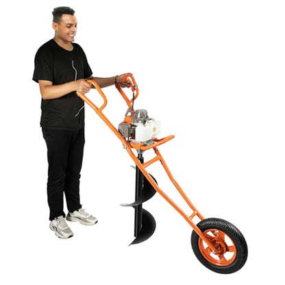 63CC 2-Stroke Hand Push Post Hole Digger with Wheel, 12" Auger Bit - color: 63CC, Orange