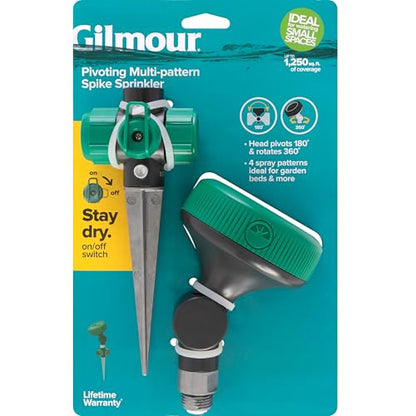 Gilmour Adjustable Spot Sprinkler with Spike Base, Pivoting Multi Pattern Sprinkler Head for Targeted Coverage in Flower Beds and Vegetable Gardens