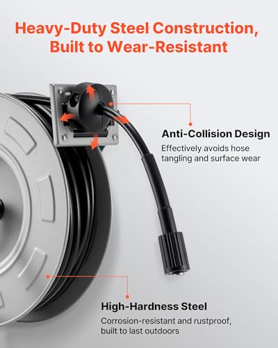 VEVOR Pressure Washer Hose Reel, 65 ft x 1/4 inch Retractable Power Heavy-Duty Steel Washer Hose Reel, 3200PSI Max, Auto-Rewinding, Flexible Wall/Floor Mounted for Car Washing,Garden,Floor Cleaning - size: 65 ft x 1/4 inch, 3200PSI