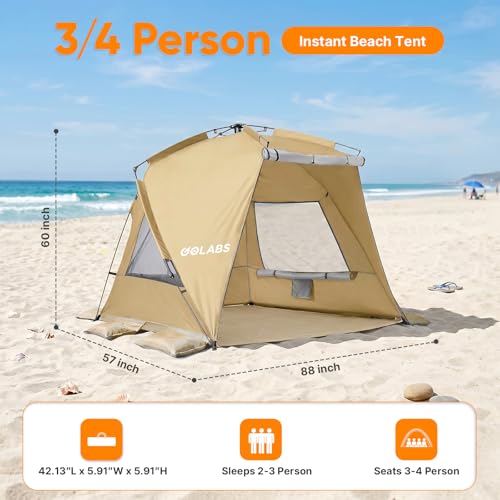 Golabs BT1 Pop up Beach Tent for 3 Person, 1-Min Setup by Pre-Attached Pole - color: CAMEL