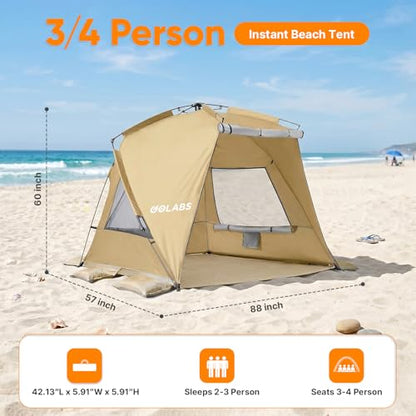 Golabs BT1 Pop up Beach Tent for 3 Person, 1-Min Setup by Pre-Attached Pole - color: CAMEL