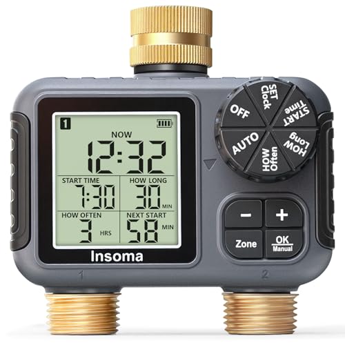 Insoma 2-Zone Sprinkler Timer Brass Inlet/Outlet, Water Hose Timer with Auto/Manual Modes + Rain Delay | Big LCD Dispay | Hose Timers for Garden, Yard Lawn, IPX5 Waterproof & Save Water - size: 2 Zone-V2.0-Brass