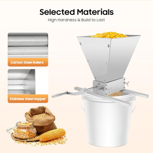 4L 2 Roller Stainless Steel Malt Crusher, Heavy Duty Malt Mill, Homebrew Grain Crusher, Adjustable Barley Grinder, Low Speed Drill Available Manual Mill