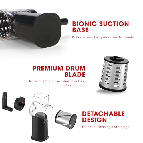 Rotary Cheese Grater Hand Crank with Foldable Handle, Three Blades - color: Black