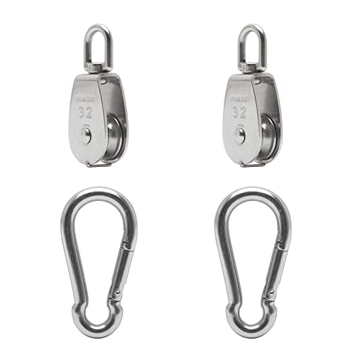 2X 304 Stainless Steel M32 Single Swivel Rope Pulley Blocks with Snap Hooks - size: M32-2pcs
