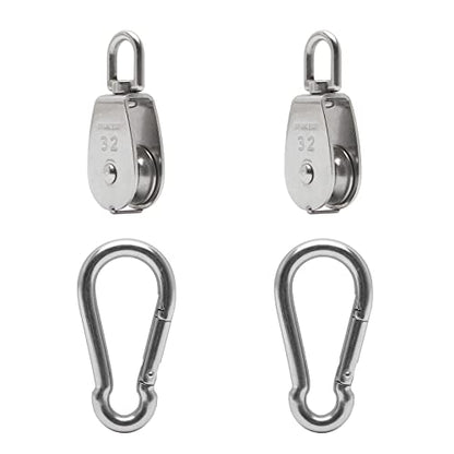 2X 304 Stainless Steel M32 Single Swivel Rope Pulley Blocks with Snap Hooks - size: M32-2pcs