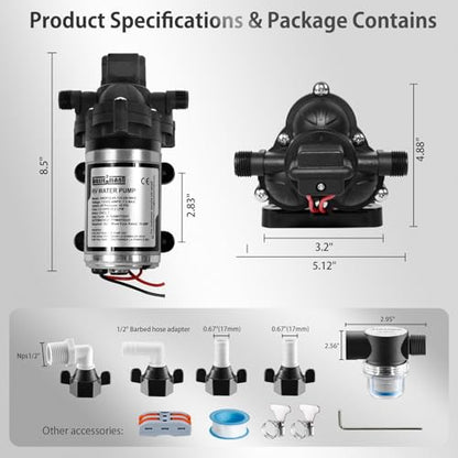 WASSERMANN RV Water Pump 12V DC 2088-554-144 Replacement, 3.5 GPM 45PSI, Quiet Water Pump for RV, Camper, Self-priming RV Water Pressure Pump, Food Truck Travel Trailer RV Water Pumps with Acessories - color: White07