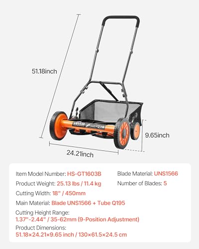 VEVOR Push Reel Lawn Mower 18 inch, 5 Blades Manual Push Mower No Motor, 1.37-2.44 in Adjustable Cutting Height, Walk-Behind Lawn Mowers with Grass Catcher Bag for Green Lawns, Driveways, Courtyards - size: 18 inch