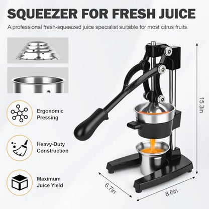 Lemon Squeezer Manual Citrus Juicer Press, Heavy Duty Cast Iron Orange Juicer with Stainless Steel Cone, Commercial Lever Juice Press for Lemon, Lime & Citrus Fruits, Easy to Clean - color: Black