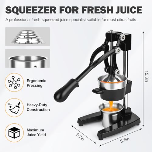 Lemon Squeezer Manual Citrus Juicer Press, Heavy Duty Cast Iron Orange Juicer with Stainless Steel Cone, Commercial Lever Juice Press for Lemon, Lime & Citrus Fruits, Easy to Clean - color: Black