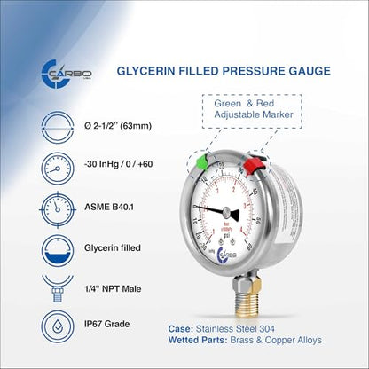 Compound Pressure Gauge -30 inHg to 60 PSI, Liquid Filled, 2.5" Dial, 1/4 NPT Lower Mount, 304 Stainless Steel Case, Brass Wetted Parts, PSI/inHg - ASME B40.1 Grade A - size: -30inHg / 0 / +60Psi, style: NIST TRACEABLE