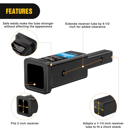 Nilight Trailer Hitch Receiver Extender, 1-1/4" to 2" Adapter | 6-1/2" Extension Sleeve Convertor 350Lbs with 1/2-Inch Diameter Pin and Clip with 5/8-Inch Adapter - color: 1-1/4" to 2" Hitch Adapter