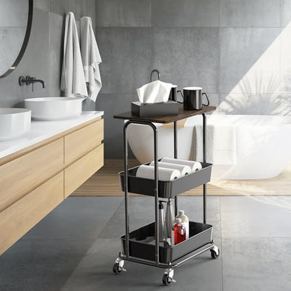 Simple Houseware 2-Tier Utility Cart Wood Top/Lockable Wheel, Rustic Brown - color: Rustic Brown