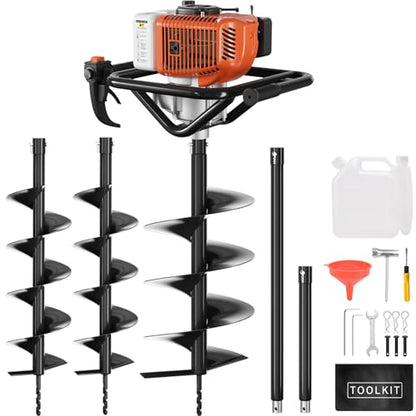 Baotree 62cc Gas Powered Post Hole Digger Earth Auger, 6" & 8" Bits, 2 Rods - size: 62cc