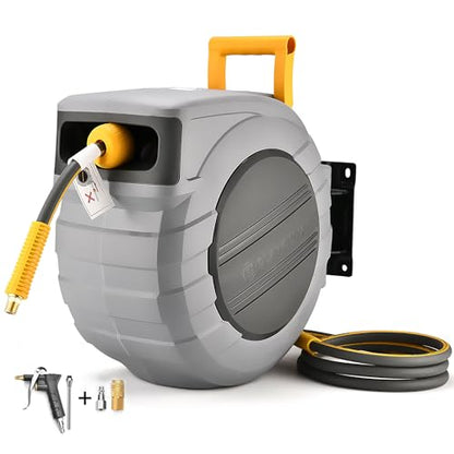 GLAHODEN Retractable Air Hose Reel, 3/8 in x 100 Ft Hybrid Hose Air Compressor Hose Reel with 6 Ft Lead in Max 300 PSI Patented Design for Any Length Lock 180°Swivel Bracket Quick Coupler - size: 3/8 inch 100 ft