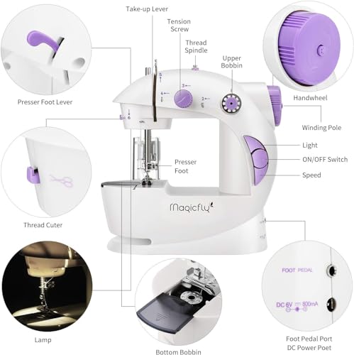 Magicfly Mini Sewing Machine with Extension Table, Dual Speed Portable Sewing Machine for Beginners with Light, Sewing Kit for Household Use, White - color: White