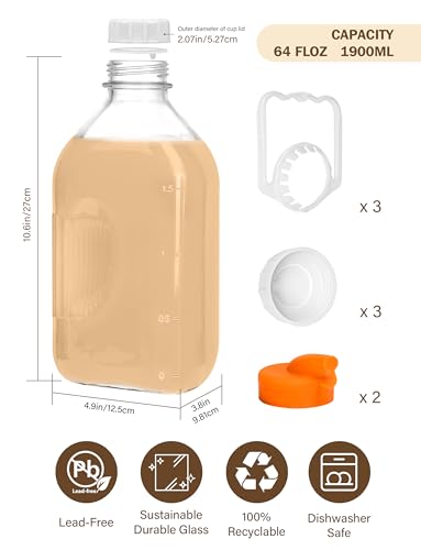 KMIGRUAN 64oz Glass Milk Bottle with Lid, 3 Pack 2 Qt Glass Milk Jugs - style: 3Pack