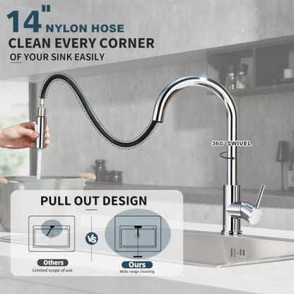 Tohlar Chrome Kitchen Faucets with Pull Down Sprayer and Deck Plate - color: Chrome, style: Standard