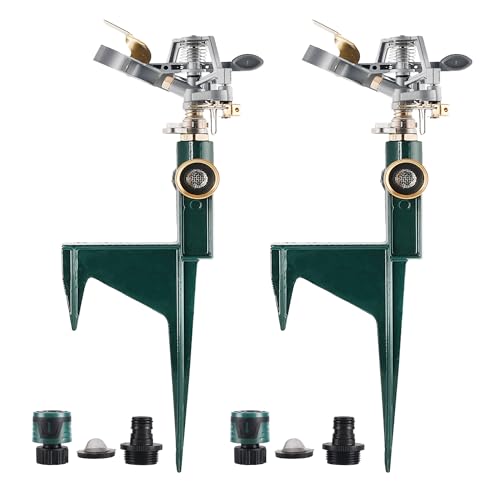 BIGWAVE 2 Packs Spike Sprinklers for Yard, 360 Degree Adjustable Impact Sprinkler on Metal Step Spike Base, Zinc Alloy Water Sprinkler for Large Area Yard Garden Lawn Irrigation