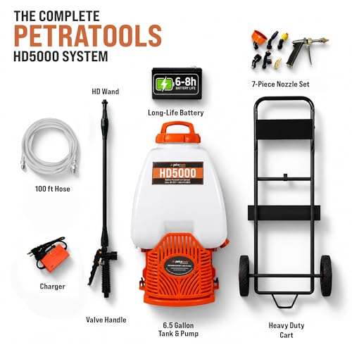 PetraTools Battery Powered Backpack Sprayer w/Cart & 100ft Commercial Hose - style: HD5000