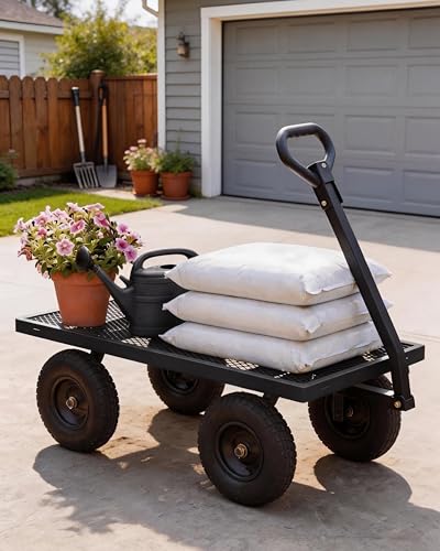 GarveeTech 1200LBS Heavy Duty Steel Garden Cart, Garden Wagon Cart on Wheels, Metal Yard Utility Wagon with Removable Mesh Sides, 13" All Terrain Tires, 180° Rotating Handle for Lawn, Garden, Farm - color: Black