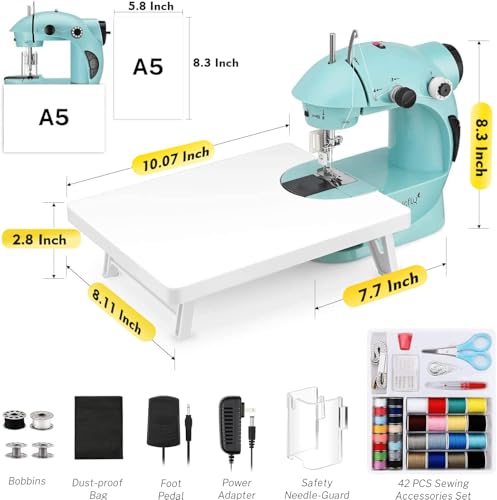 Magicfly Mini Sewing Machine with Extension Table, Dual Speed Portable Sewing Machine for Beginners with Light, Sewing Kit for Household Use, Blue - color: blue