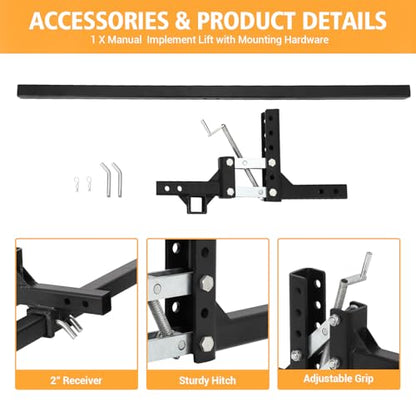 ATV/UTV Manual Implement Lift, 1-Point and 2-Inch Receiver, UTV ATV Rake Scrape Blade Plow Disc Tow Behind Attachments, 50 in, Adjustable Height