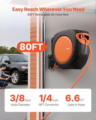 VEVOR Retractable Air Hose Reel, 3/8 Inch x 80 FT Hybrid Air Hose Max 300PSI, Enclosed Air-Compressor Hoses Reel Auto Rewind with 6.6 ft Lead in, 180° Swivel Ceiling/Wall Mount for Workshops - size: 3/8IN x 80FT
