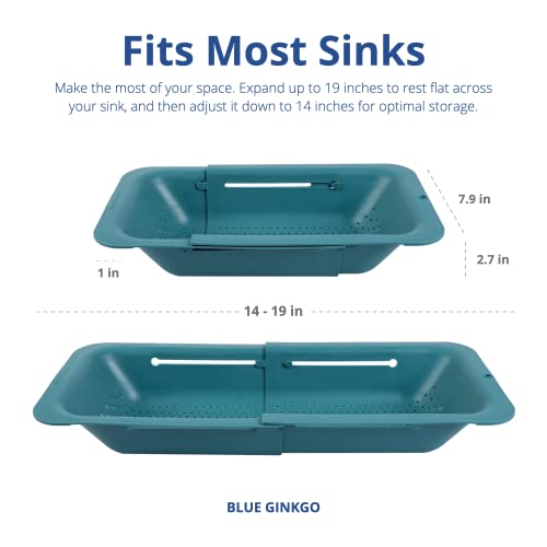 BLUE GINKGO Over the Sink Colander Strainer Basket - Wash Vegetables and Fruits, Drain Cooked Pasta and Dry Dishes - Extendable - New Home Kitchen Essentials (7.9 W x 14.5-19.5 L x 2.75 H) - Teal - color: Green, size: 1 Pack