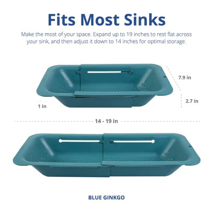 BLUE GINKGO Over the Sink Colander Strainer Basket - Wash Vegetables and Fruits, Drain Cooked Pasta and Dry Dishes - Extendable - New Home Kitchen Essentials (7.9 W x 14.5-19.5 L x 2.75 H) - Teal - color: Green, size: 1 Pack
