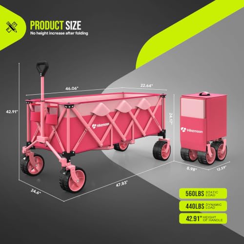 HIKEMOON 48'' Extra Large Collapsible Wagon with Big Wheels, 300L Pink - color: Pink