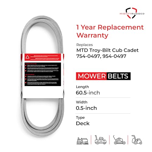 754-0497, 954-0497 PTO Drive Belt Replacement for Cub Cadet, Length 60.5", Heavy-Duty Aramid Cord Belt Replaces 954-3038, Scag 482171, 481461, Encore 523106 for LT1018 Troy Bilt LTX1842 LT2046 LT174 - size: 60.5" x 1/2"