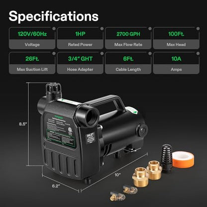 VIVOSUN 1HP Water Transfer Pump, 2700GPH Cast Iron Casing Utility Pump - size: 16"×8"-2700 with ON/OFF Switch