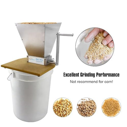 FERRODAY Malted Grain Mill for Grain Malt Barley, 2 Roller Stainless Steel - size: Wooden base plate