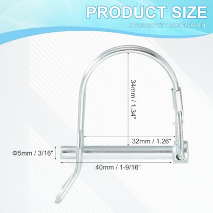 PATIKIL Trailer Coupler Pin 3/16" x1-9/16, 8 Pcs Wire Lock D Shape Safety Shaft Locking Round Pto Pins for Farm Trailers Lawn Hitches Garden Tractor Kayak Boat, Silver (5x40mm) - size: 3/16" x 1-9/16"