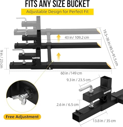 43" Clamp on Pallet Forks for Tractor Bucket, Heavy Duty 2000lbs Quick Attach Skid Steer Loader Pallet Fork with Adjustable Stabilizer Bar