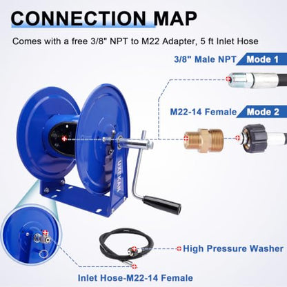 Pressure Washer Hose Reel Manual 4500 PSI Stainless Steel Swivel