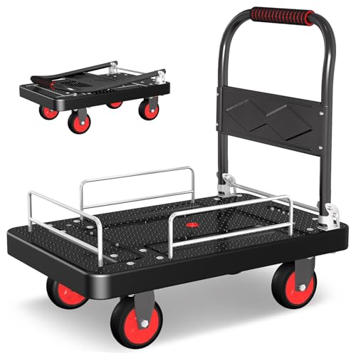 Foldable Platform Truck Cart with 3 Fence 1100lbs Capacity - color: Black, size: 28"x19"