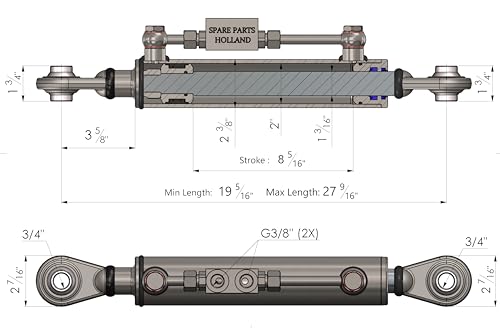 Hydraulic Top Link Cat. 1 with Locking Block Including 2 Hoses (Length Selectable) (Min: 19 5/16" - Max: 27 9/16" (Eye to Eye))