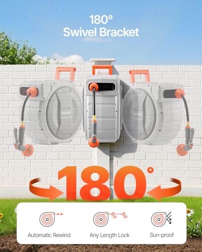 VEVOR Retractable Garden Hose Reel, 1/2 Inch x 65 ft Wall Mounted, Heavy Duty Garden Hose Reel with 9 Patterns Nozzle, Any Length Lock, Upgraded Slow Return System and 180°Swivel Bracket - size: 1/2 in x 65 ft