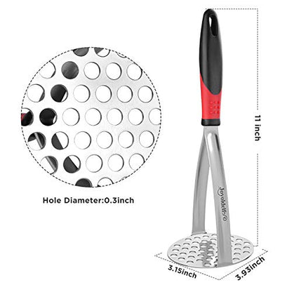 Joyoldelf Heavy Duty Potato Masher, Stainless Steel Integrated Masher Kitchen Tool & Food Masher/Potato Smasher with Non-slip Handle, Perfect for Bean, Vegetable, Fruits, Baby Food, Avocado, Meat - color: red-black