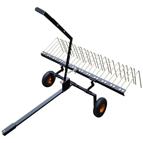 GarveeLife Pull Behind Rake for Riding Mower 60 Inch,Pine Straw Rake for ATV,Tow Behind Pine Needle Rakes for Tractor with Lift Handle & 24 Steel Tines
