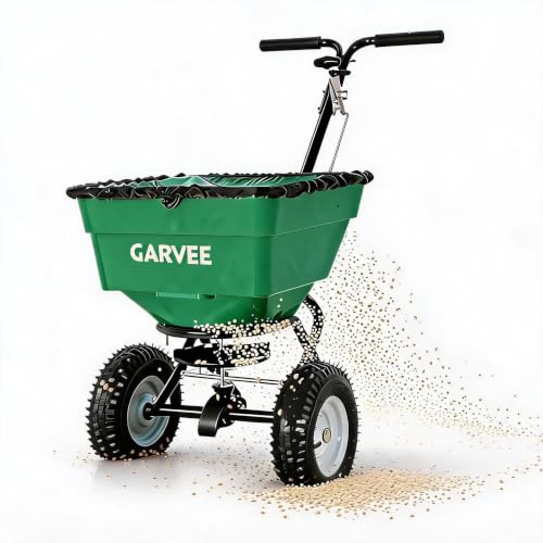 Heavy Duty Push Broadcast Spreader 100L – 12FT Spread Width, 13" Pneumatic Wheels, Adjustable Current Control, Ideal for Lawn Fertilizer, Seed, Salt & Ice Melt – Green - size: 100 LBS