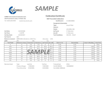 Carbo 60 PSI Liquid Filled Pressure Gauge with NIST Traceable Certificate, Calibrated in USA Lab, 2.5" Dial, 1/4 NPT Lower Mount, ASME Grade A, 304 SS Case, Brass Wetted Parts, PSI/Bar - size: 0-60 Psi, style: NIST TRACEABLE