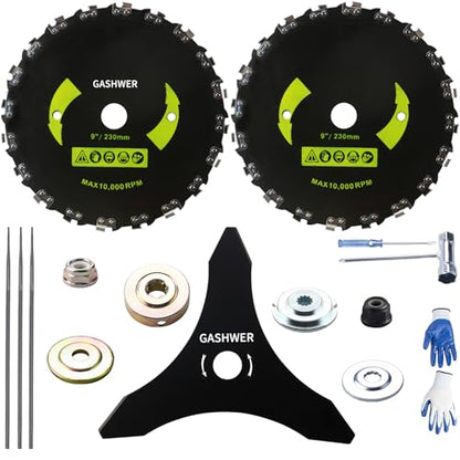 9" x 20 Teeth Brush Blades Carbon Steel Round Chainsaw 10" x 3T Cutter Weed Eater Blades- Universal Adapter Kit with 3 Round Files, Compatible with Brush Cutter Trimmer Weed Eater Husqvarna Stihl Ego - size: 2set 9"x20T+10"x3T