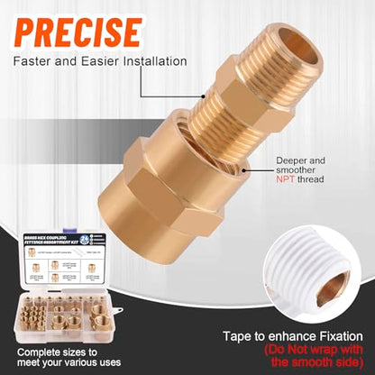 24Pcs Brass Pipe Fittings Hex Coupling Kit,1/8" 1/4" 3/8" 1/2" NPT - style: Hex Coupling