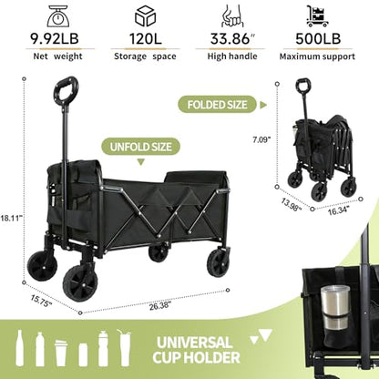 Foldable Wagon Cart, Utility Wagon with All Terrain Wheels - color: Black, size: Medium without Tailgate