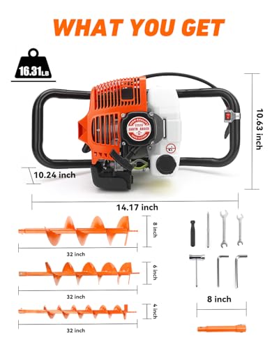 NEO-TEC 63CC Post Hole Digger Gas Powered, 2-Stroke Auger w/4", 6" & 8" Bit - size: 63CC+4"+ 6"+8"+3 Extension